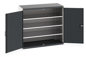 Heavy Duty Bott cubio cupboard with perfo panel lined hinged doors. 1300mm wide x 650mm deep x 1200mm high with 3 x160kg capacity shelves.... Bott Tool Storage Cupboards for workshops with Shelves and or Perfo Doors